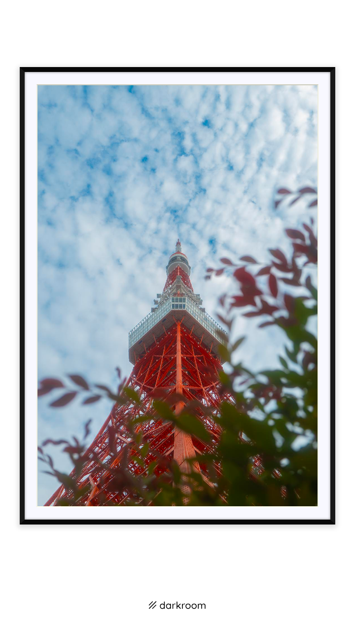 Black-framed print: Tokyo Tower's red lattice seen through red leaves and clouds, Tokyo