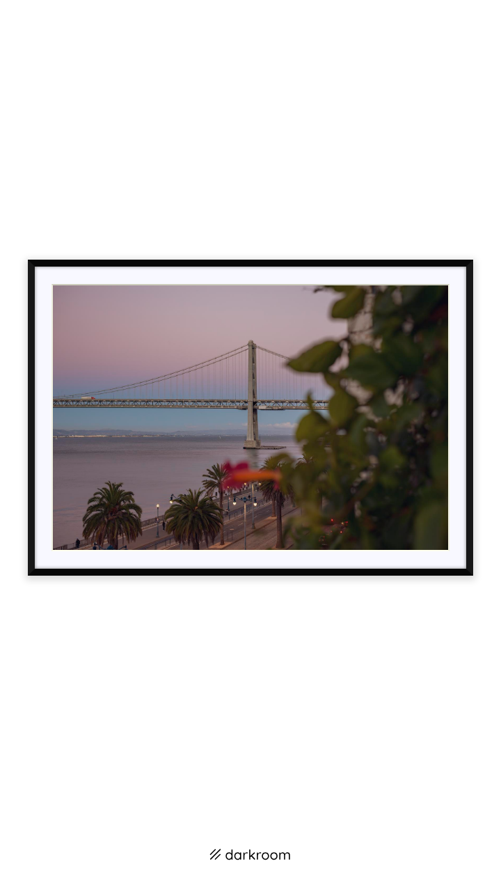 Black-framed print: The Bay Bridge at dusk framed by palm trees along the Embarcadero, San Francisco