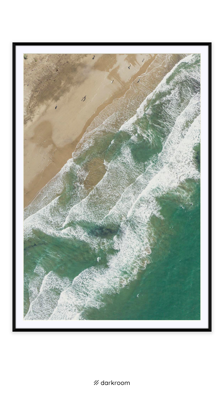 Black-framed print: Top-down drone photo of surf lines at Linda Mar Beach, Pacifica