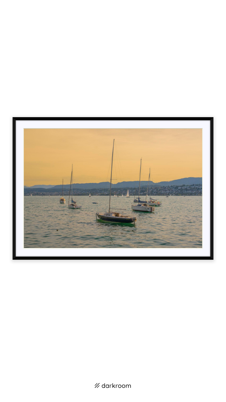Black-framed print: Sailboats resting on Lake Zurich in golden evening light, Switzerland